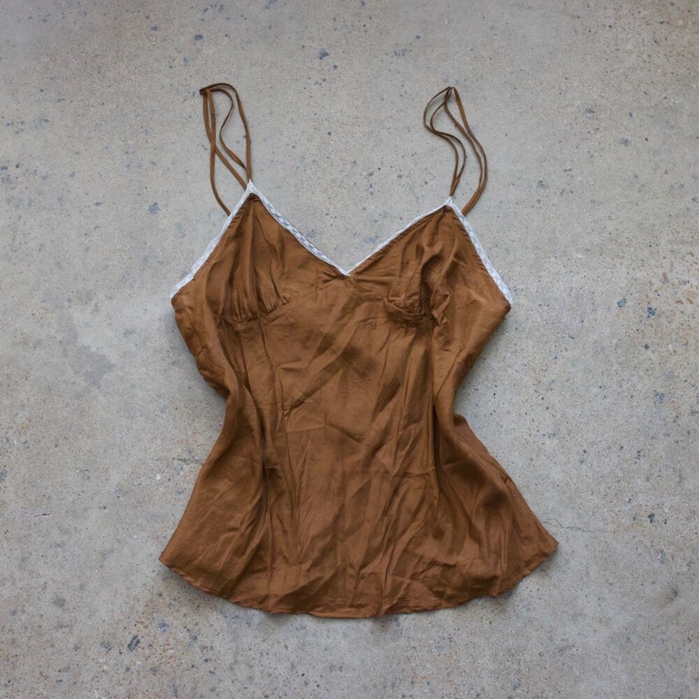 Bronze 100% Silk Lace Trim Cami Fairy Grunge Boho Y2K